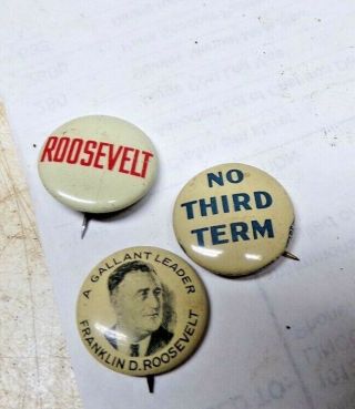 3 Old Fdr Roosevelt Political Pinback Buttons