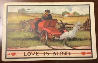 Love Is Blind Vintage Postcard Bernhardt Wall Antique Car Fence Valentines? 1910