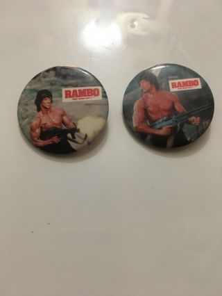 Rambo First Blood 2 Vintage 1985 Pinback Button Pin Set Of 2,  Rare Shipsfree Vg,