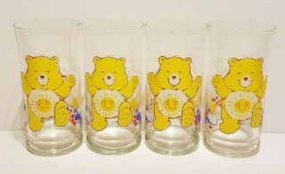 4 Vintage Care Bears Pizza Hut Glasses 1983 All Funshine Bear