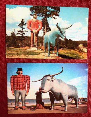 Paul Bunyan & Babe The Blue Ox Bemidji,  Michigan 2 Vintage Postcards 1950s