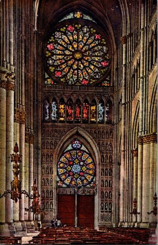 Vintage Postcard Interior To The Large Rose Window Cathedral Of Reims France