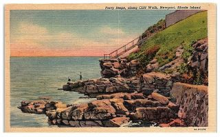 Postcard Cliff Walk Newport Rhode Island Ri Fishing Jetty Linen Vintage Vtg A23