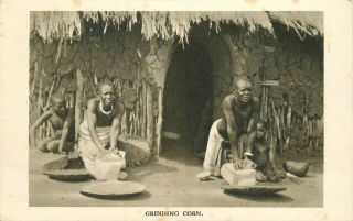 Grinding Corn - British East Africa Uganda Vintage Missionary Postcard