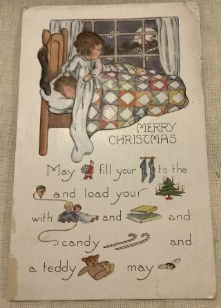 Vintage Whitney Christmas Postcard Santa Claus Widow Puzzle Bed Children