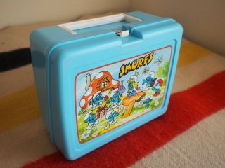Vtg 1980s Thermos Smurfs Lt Bl Blue Lunchbox Papa Smurfette Jokey Euc No Thermos