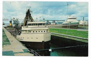 Vintage Michigan Chrome Postcard Soo Locks Sault St Marie Freighters Purnell