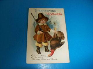 Vintage Antique Postcard Thanksgiving Boy Turkey Iapc A/s Clapsaddle 1915
