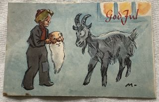 Vintage Christmas Swedish Postcard Goat Santa Claus Mask Boy God Jul