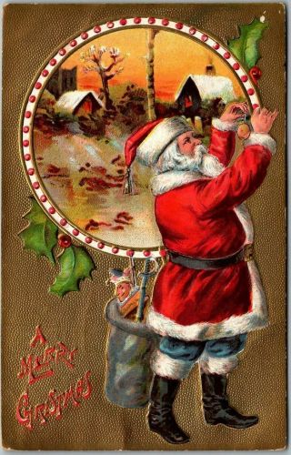 Vintage Christmas Postcard Santa Claus In Red Suit / Winter Scene 1909 Cancel