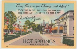 Hot Springs Arkansas,  Postcard Greetings From Ar Vintage Linen Curteich Ad Rest
