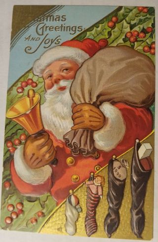 Vintage C1910 Postcard Santa W/ Pack,  Bell,  Holly And Filled Stockings