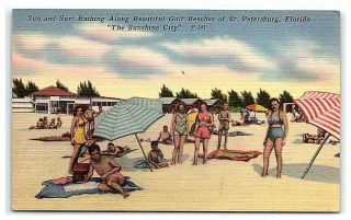 Postcard Fl Beach St Petersburg Saint Pete Florida Vintage Vtg Linen Shore Tanni