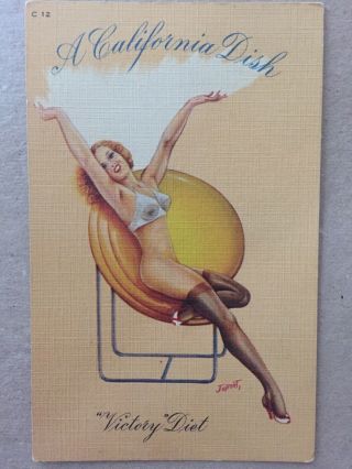 Vintage Postcard A California Dish Victory Diet Glamour Girl Pin Up Linen