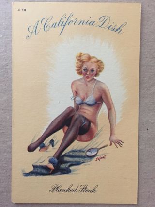 Vintage Postcard A California Dish Planked Steak Glamour Girl Pin Up Linen