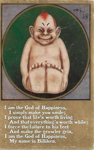 I Am The God Of Happiness Creepy Baby Billiken Vintage Postcard 1909