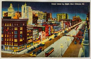 Vintage Linen Postcard - Canal Street At Night,  Orleans,  Louisiana