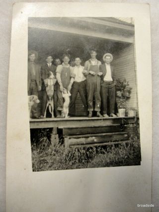 Vintage Real Photo Postcard 7 Men And 3 Dogs Standing On Porch - Azo