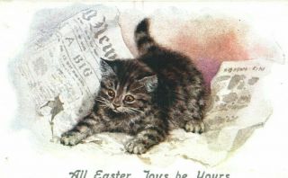 Vintage Art Easter Greeting Postcard: Cute Kitten Playing With A Newspaper