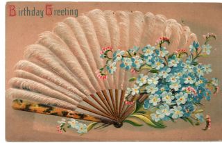 White Feather Fan With Forget - Me - Not Flowers Vintage Postcard
