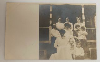 Rppc Real Photo Postcard Family Women And Children Sitting On Porch Vintage