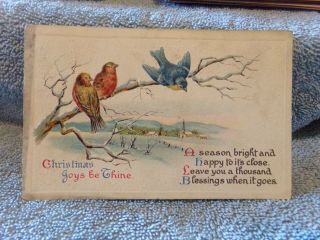 Vintage Postcard Christmas Joys Be Thine Poem,  Birds On A Branch