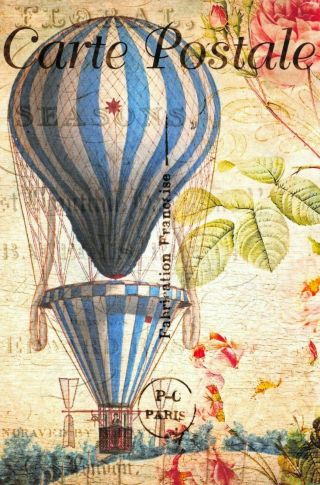 Postcard French Vintage Shabby Chic Style,  Hot Air Balloon,  Floral,  5k