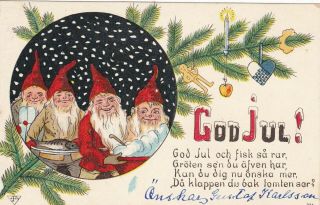 Christmas,  4 Happy Elves Swedish,  Merry Christmas God Jul,  Vintage Postcard,  Writi