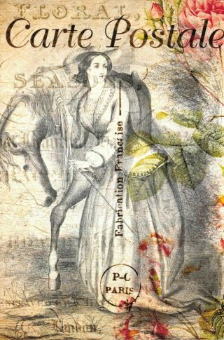 Postcard French Vintage Shabby Chic Style,  Fashion,  Lady & Horse,  Flowers,  62j