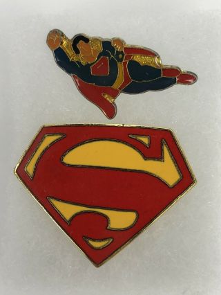 2 Vintage Superman Man Of Steel Superhero Hat Vest Lapel Pin.  Dc Comic Hero