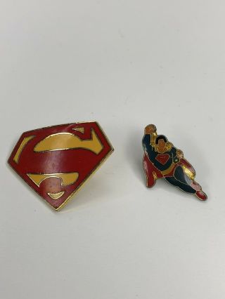 2 Vintage Superman Man Of Steel Superhero Hat Vest Lapel Pin.  DC comic Hero 2