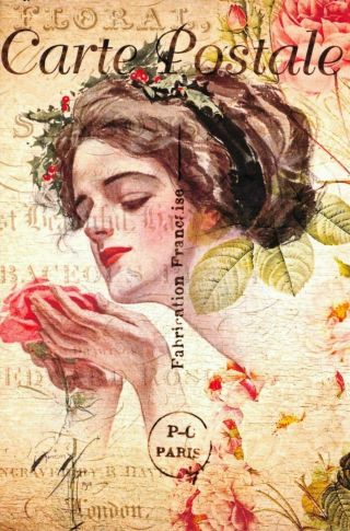 Postcard French Vintage Shabby Chic Style,  Fashion,  Lady Smelling Rose 61j