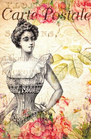 Postcard French Vintage Shabby Chic Style,  Lady,  Fashion,  Corset,  Floral,  3k