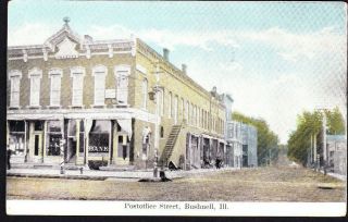 1908 Vtg Tinted Postcard Postoffice Street & Bank Of Bushnell Il