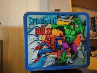 Spiderman & The Hulk,  Captain America,  Metal Lunchbox,  1980 W/thermos.