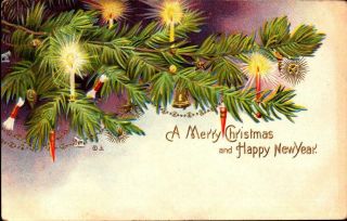 Vintage Embossed Postcard - A Merry Christmas & Happy Year - Tree & Candles Bk20