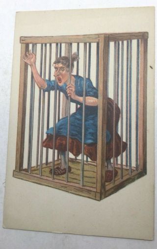 Vintage Comic,  Foreign Postcard,  Lady In Cage,  704,  Rare,  Unposted