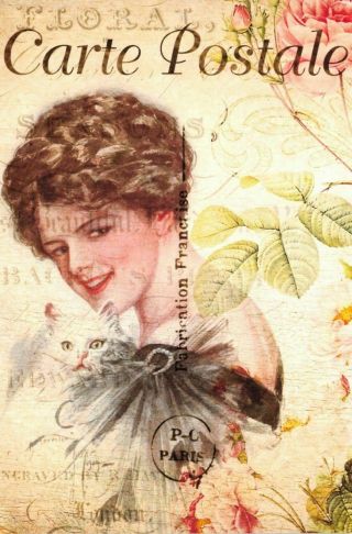 Postcard French Vintage Shabby Chic Style Fashion Dresses Flowers,  Lady,  Cat 66j