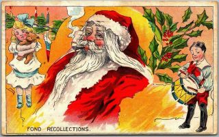 Vintage Christmas Postcard Santa Claus Smoking Pipe " Fond Recollections " 1910