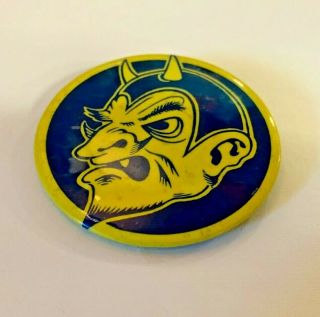 Vintage Blue & Yellow DEVIL Button Satan Lucifer Sneer Horns Halloween Angry Fun 2