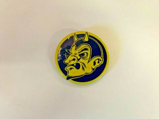 Vintage Blue & Yellow DEVIL Button Satan Lucifer Sneer Horns Halloween Angry Fun 3