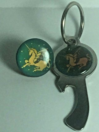 Unicorn Vintage Lapel Or Hat Pin & Keychain Bottle Opener Rainbow Wings Green