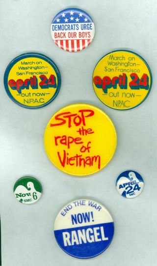 7 1960s - 70s Anti - Vietnam War Political Protest Pinback Buttons Back Our Boys