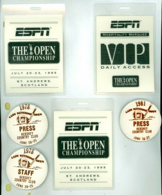 3 Vintage 1970s - 90s Pro Golf Pinback Buttons & 3 Passes For The British Open
