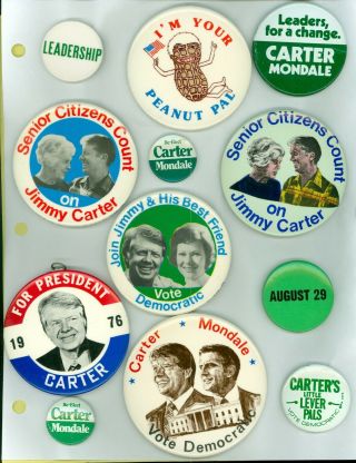 11 Vintage 1976 - 80 President Jimmy Carter Political Button Pinbacks & 1 Hanger