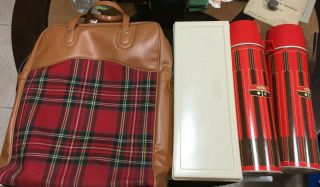 Vintage Thermos Lunch Picnic Set With Red Plaid Leather & Canvas Bag 2 Xl Canist