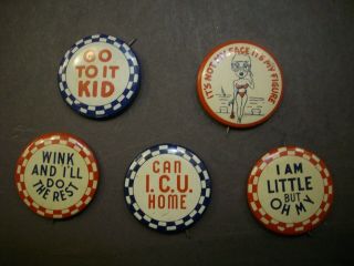 Vintage Funny Pinback Button Pins Metal Stick Pin Back Collectible (5 Pins)