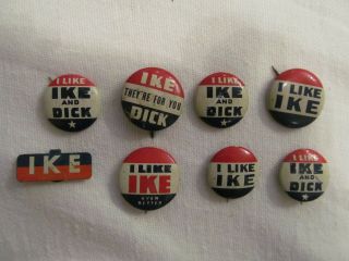 " I Like Ike " And Dick 7 Pin Back Buttons / 1 Lapel Metal