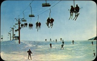 Snow Ski Chair Lift Michigan 1970s Vintage Postcard Sinter Skiers Skiing