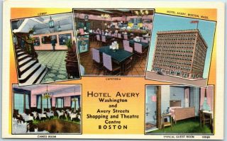 Vintage Boston Ma Postcard Hotel Avery Multi - View 5 Scenes Tichnor Linen C1940s